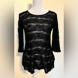 Womens Wool Open Knit Scoop Neck Long Sleeve Sweater Black